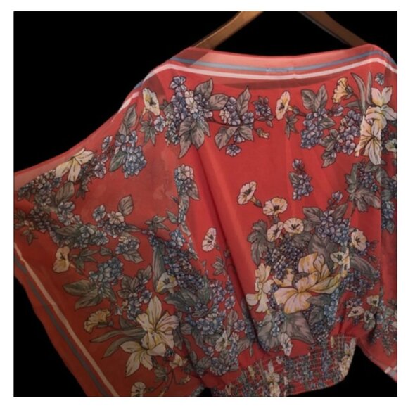 NWT Max Studio, Sheer, red and. blue floral, gathered waist blouse, LARGE - Picture 2 of 5